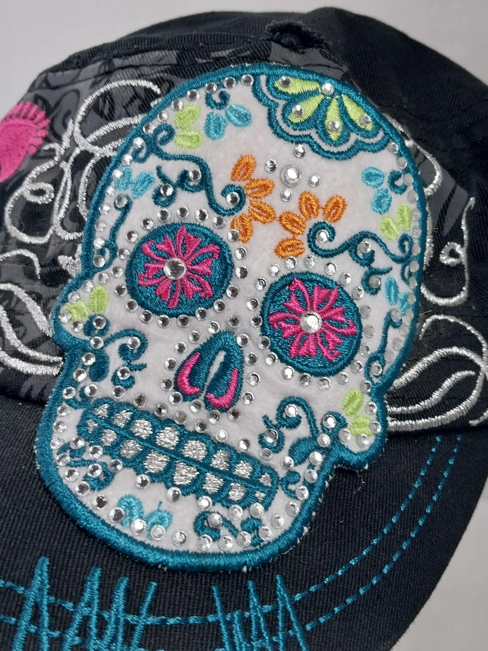 Leader Sugar Skull Embroidered Rhinestone Distressed Cadet Hat Adjustable cap - Picture 3 of 13